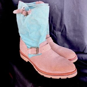 Vintage canvas and suede harness boots.